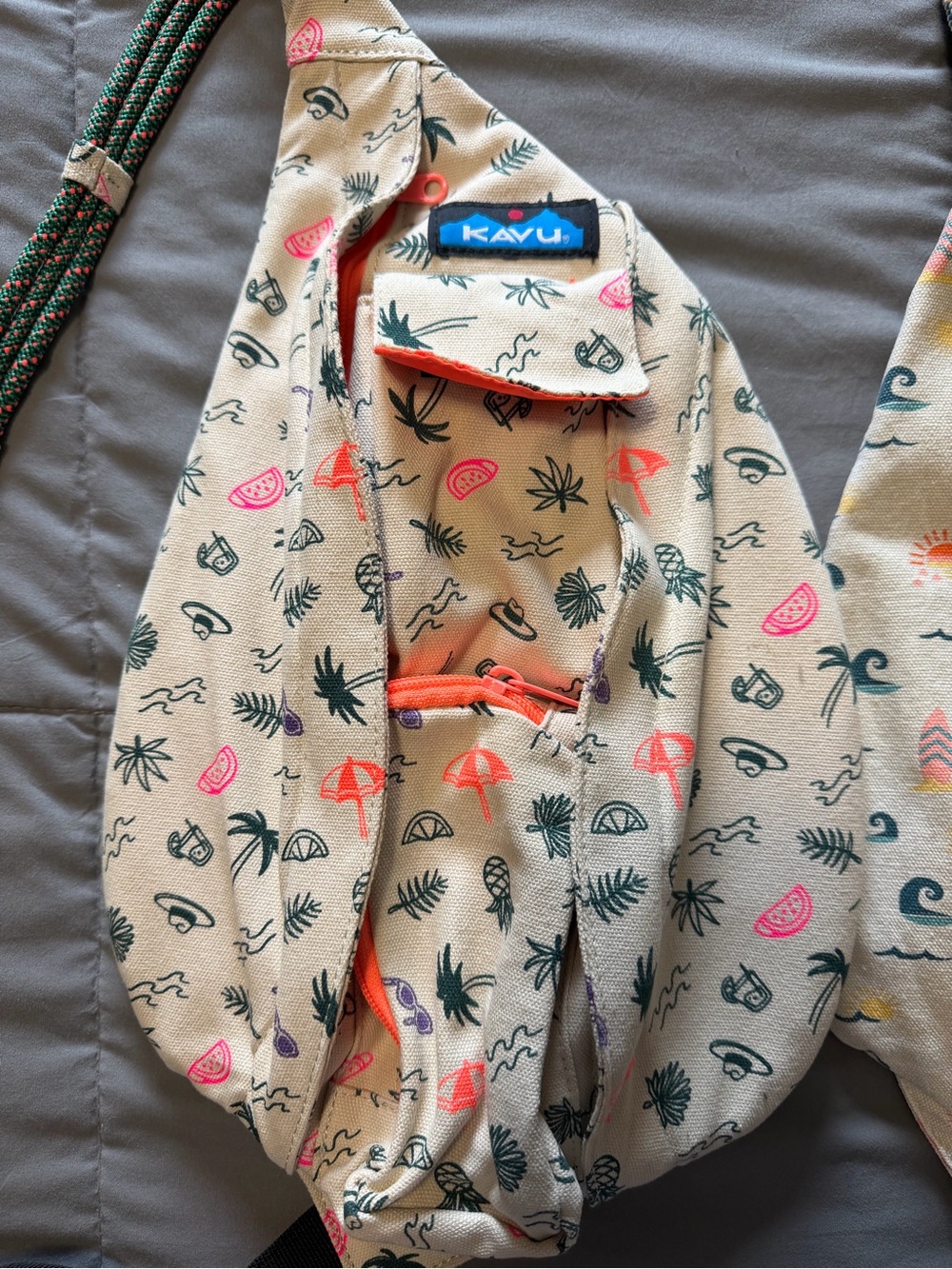 Kavu Cream Sling Bag with Neon Coral, Pink and Teal Print